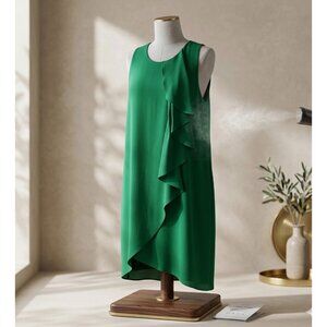 Halston Sleeveless Green Dress size 14 With Cascading Ruffle Design – Elegant &